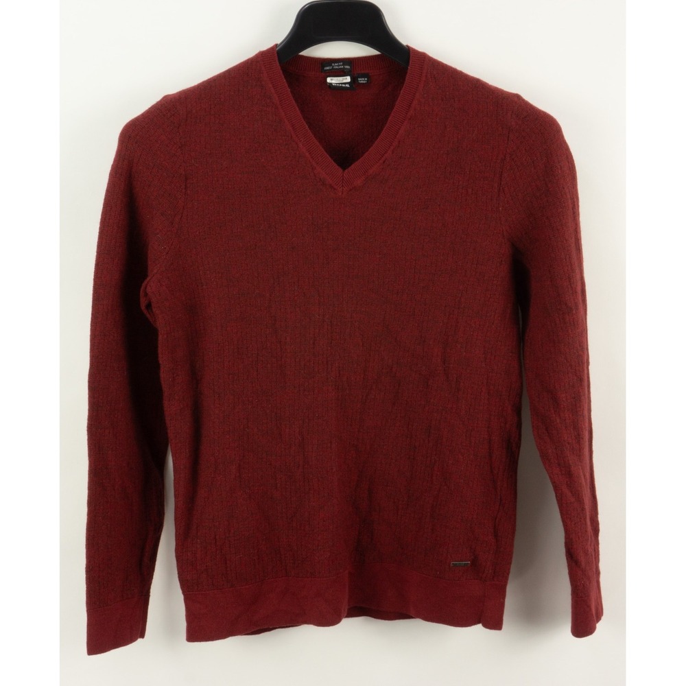 Hugo Boss Italian Wool Waffle Knit Slim Fit V-Neck Sweater Womens XL Red